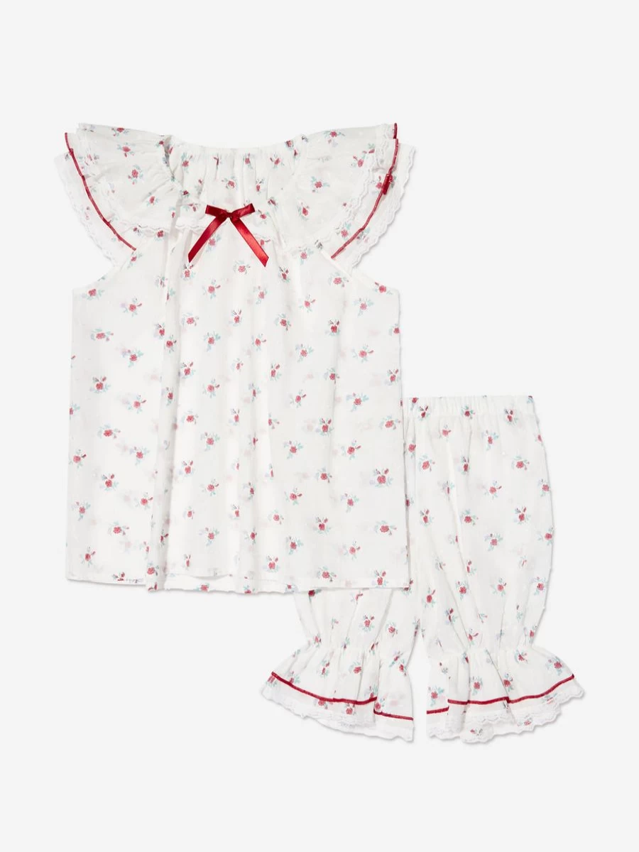 Amiki Girls Amelia Pink Floral Short Sleeve Pyjama Set - White Cotton Pajamas for Girls
