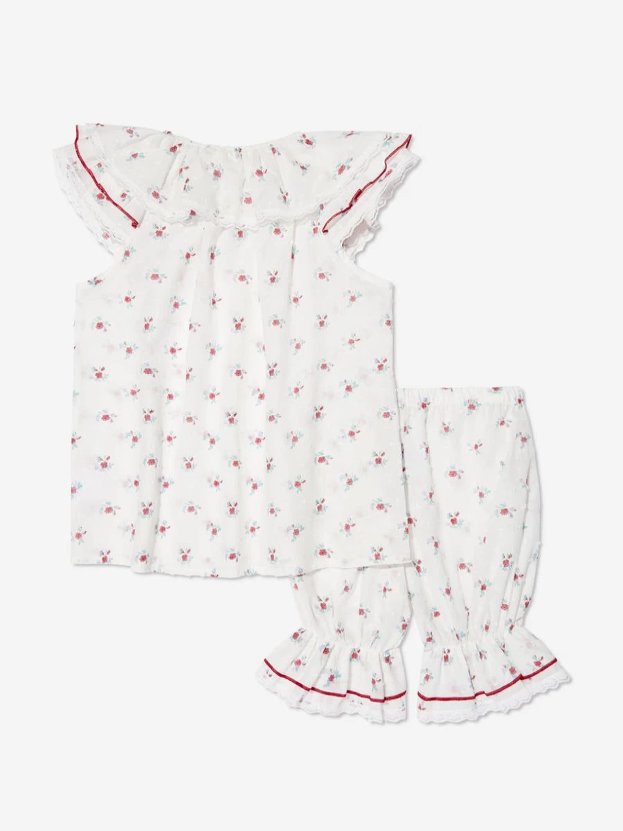 Amiki Girls Amelia Pink Floral Short Sleeve Pyjama Set - White Cotton Pajamas for Girls