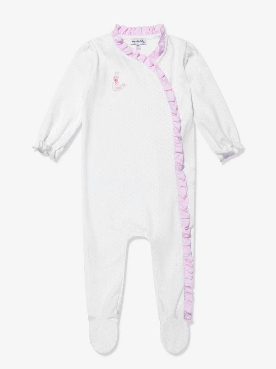 Magnolia Baby Girls White Swan Embroidered Cross Ruffle Babygrow Romper