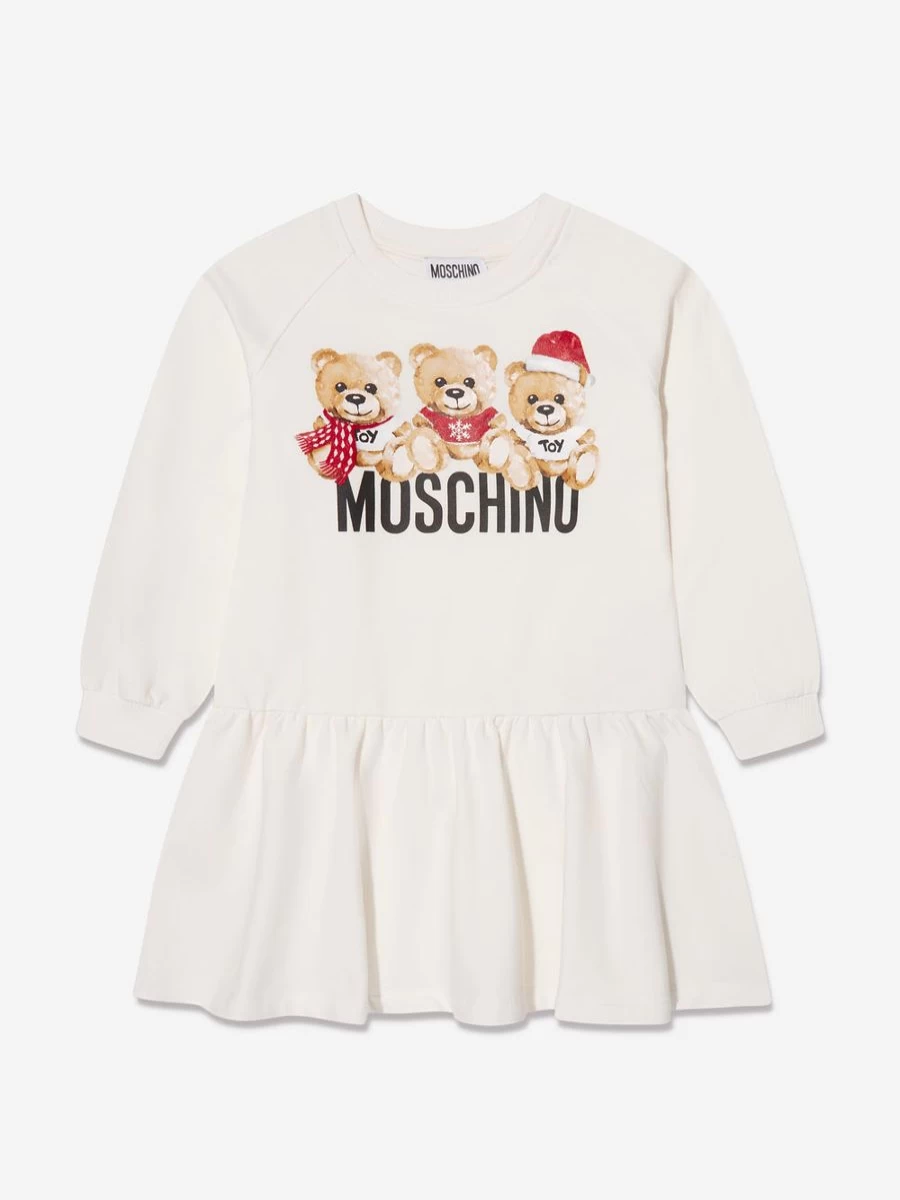 Moschino Kids Teen Ivory Teddy Bear Logo Sweater Dress for Girls