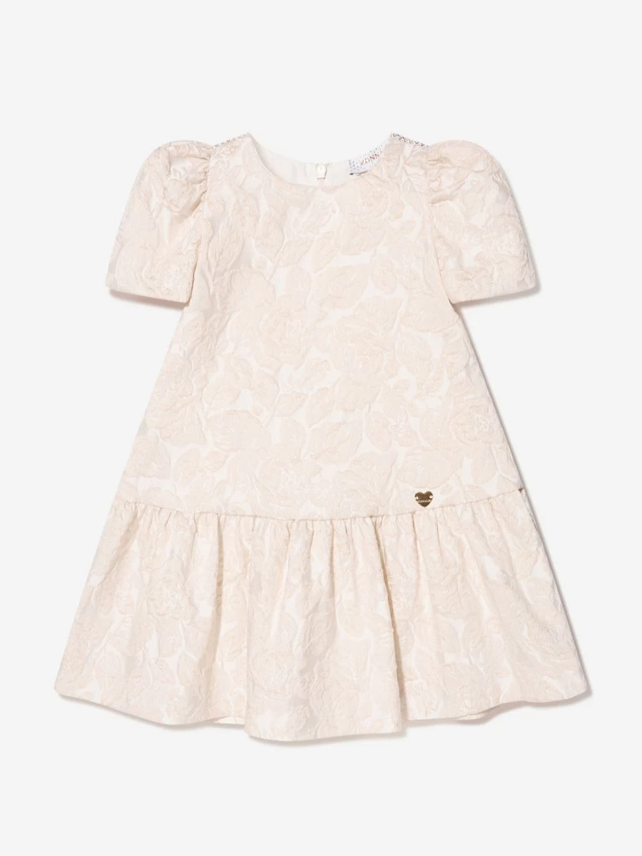 Monnalisa Girls Brocade Print Charlotte Dress - Elegant Floral Embroidery Party Gown