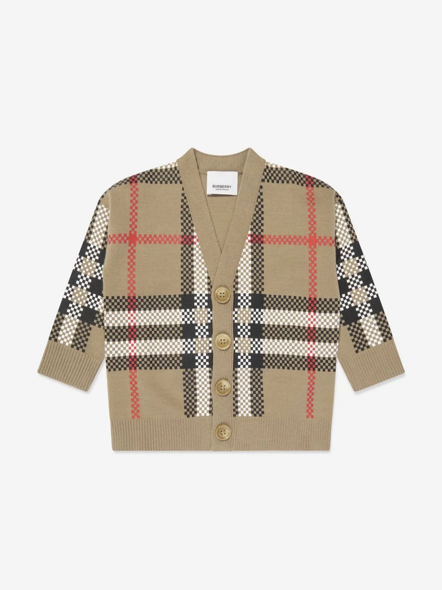 Burberry Kids Baby Boys Johnny Cardigan - Beige Check Knit Sweater for Infants