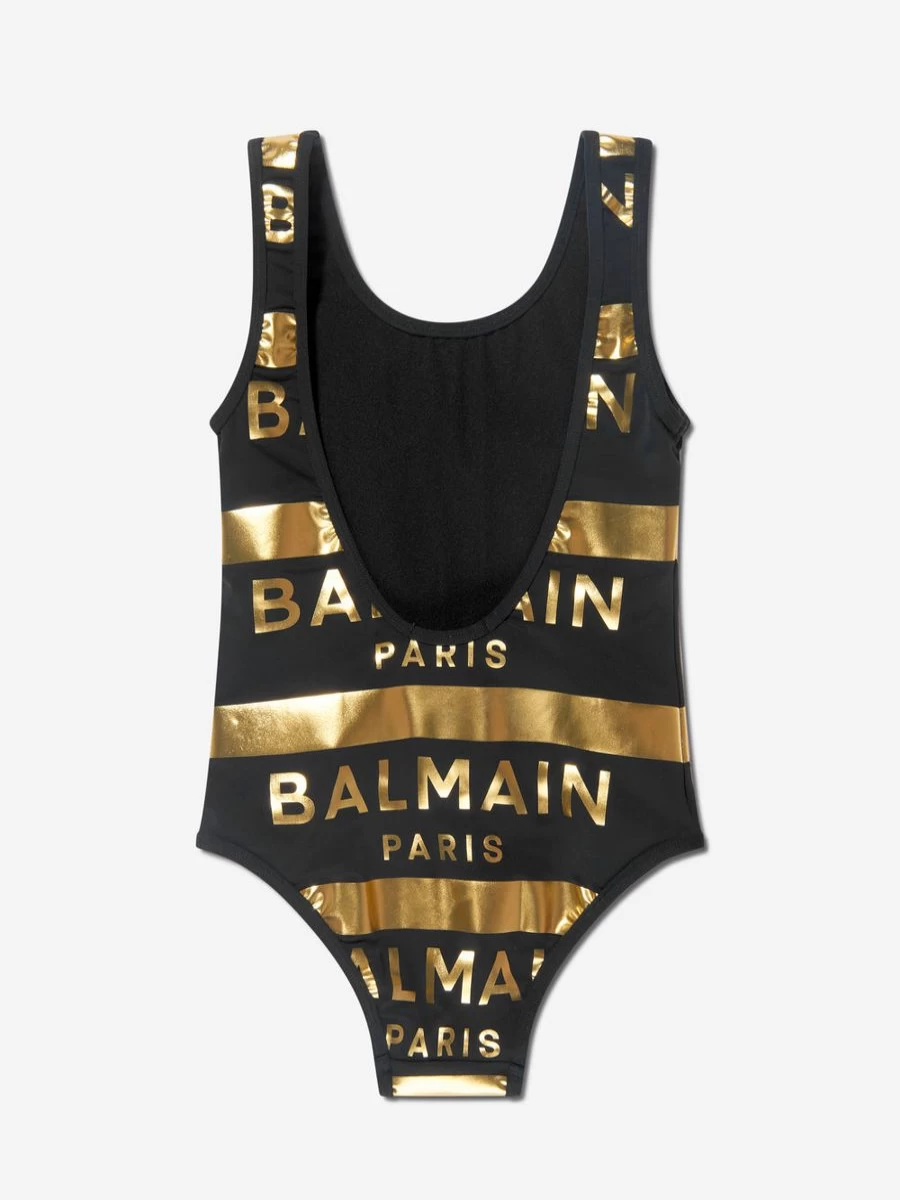 Balmain Teen Girls Black Striped Logo Swimsuit