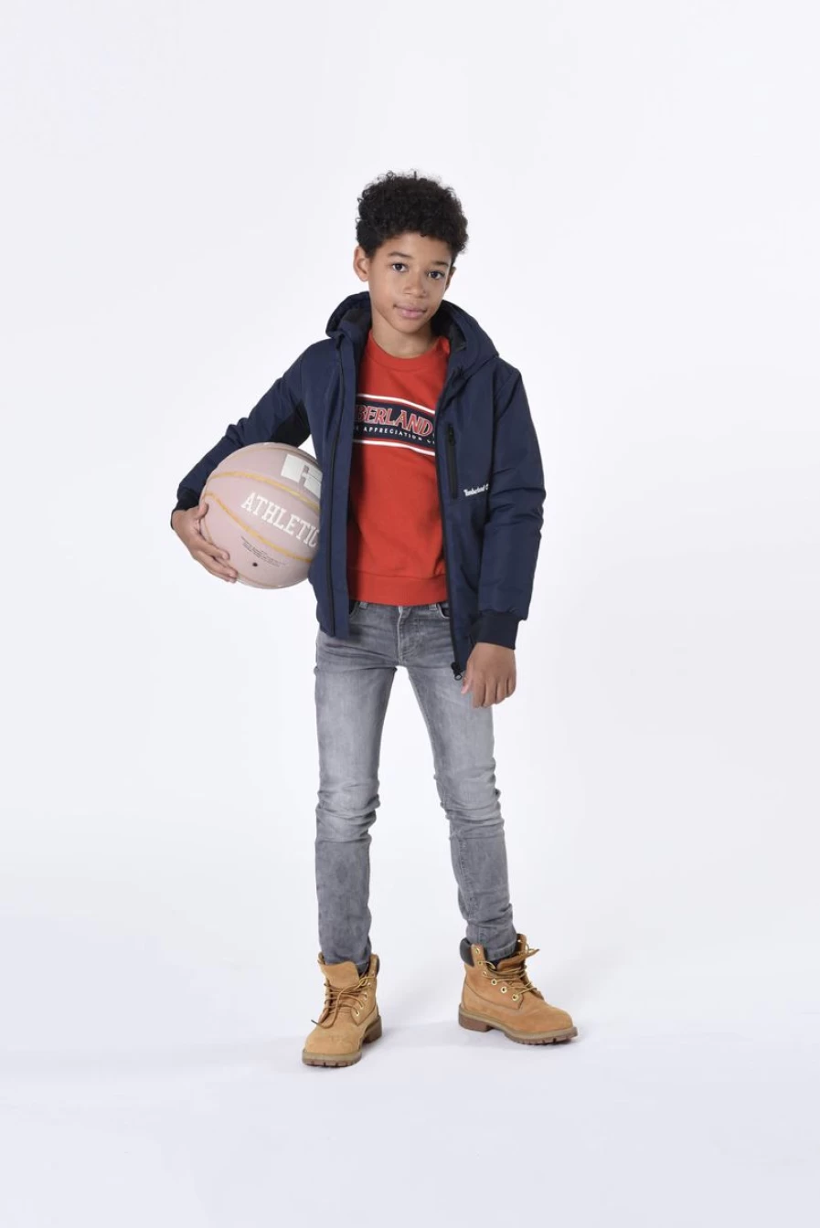 Timberland Boys Navy Blue Zip-Up Jacket | Water-Resistant Outdoor Windbreaker
