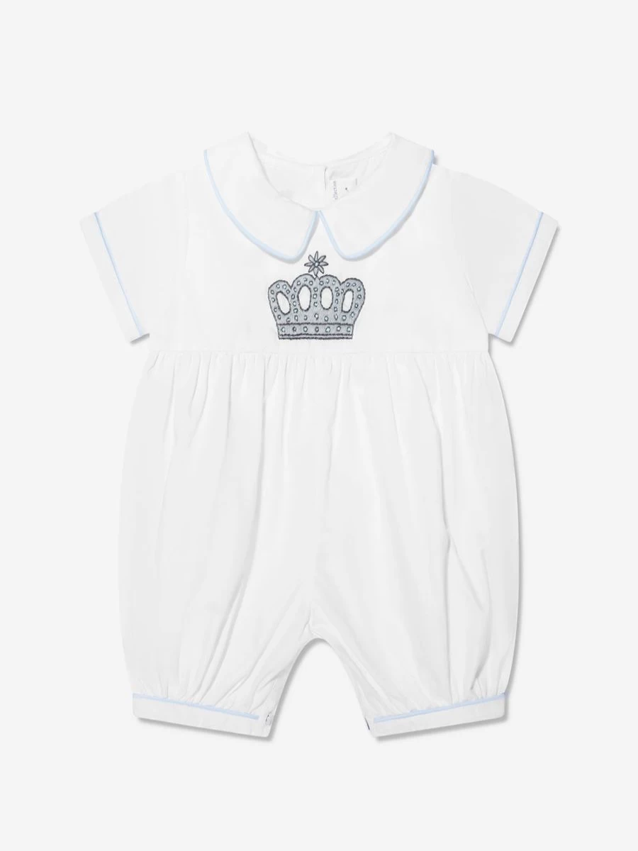 Rachel Riley Ivory Embroidered Prince Crown Romper for Baby Boys - Elegant Newborn Outfit