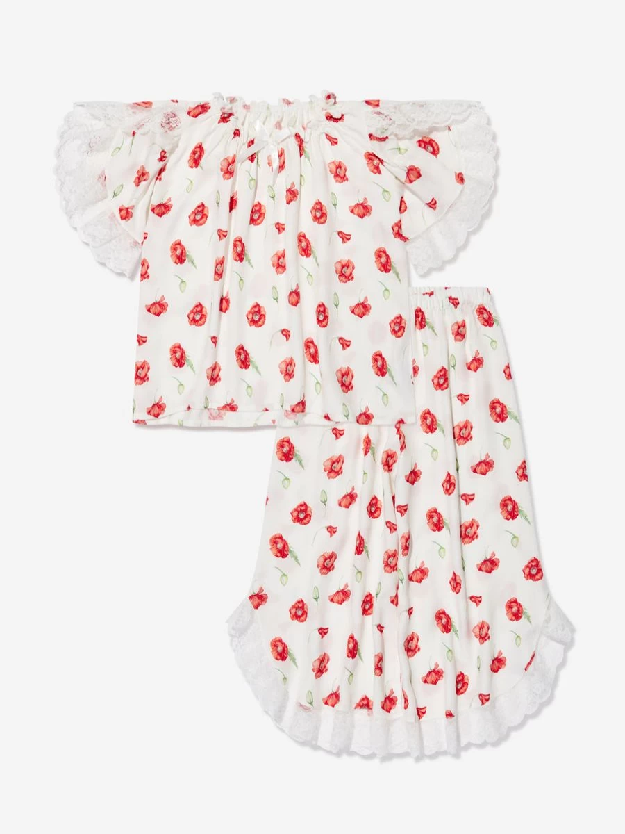 Amiki Girls Milana White Poppy Print Pyjama Set - Soft Cotton Sleepwear for Girls