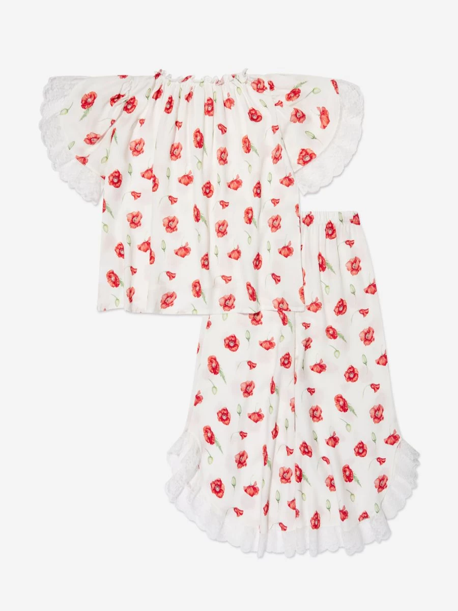 Amiki Girls Milana White Poppy Print Pyjama Set - Soft Cotton Sleepwear for Girls