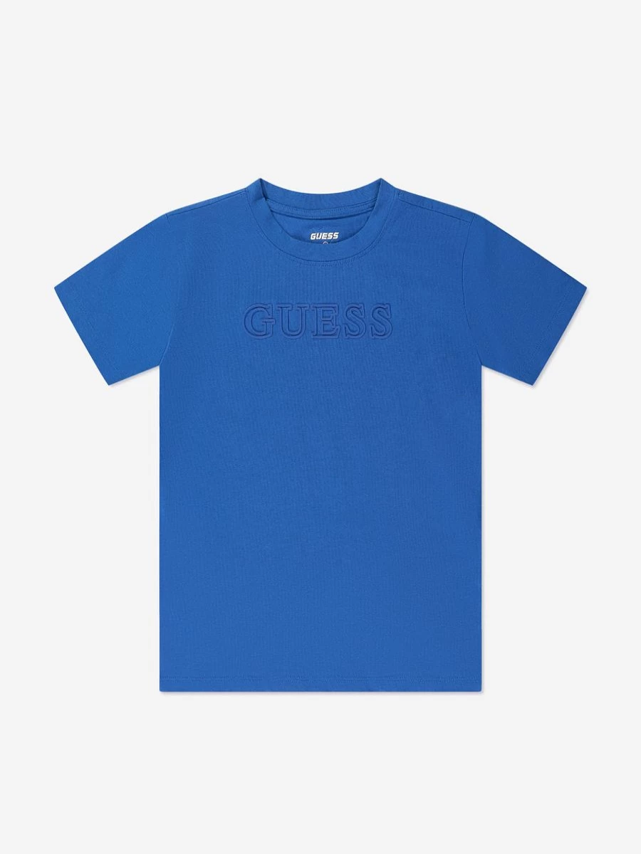 Guess Boys' Blue Logo Print Cotton T-Shirt - Casual Short Sleeve Tee for Kids