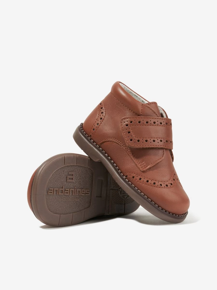 Andanines Girls Brown Leather Boots with Velcro Strap for Kids