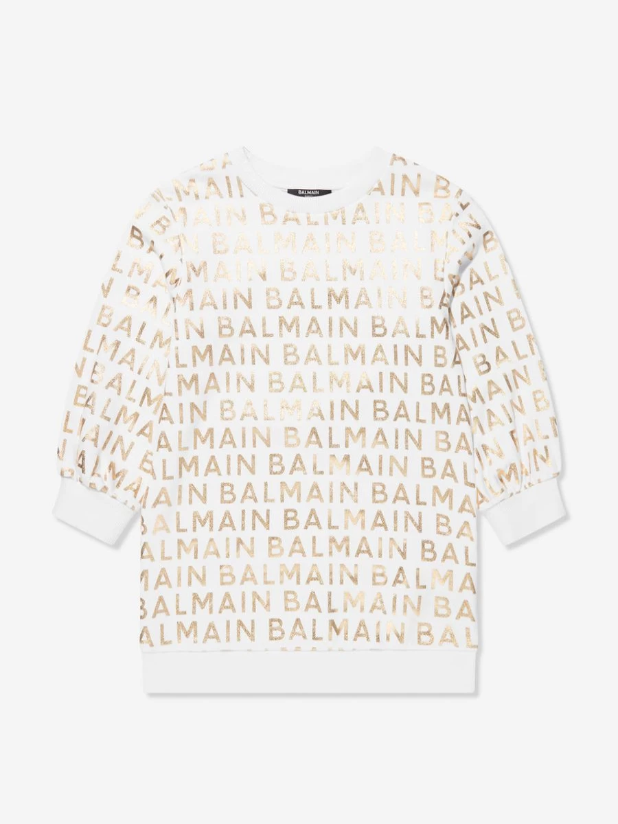 Balmain Girls White Logo Embellished Sweater Dress