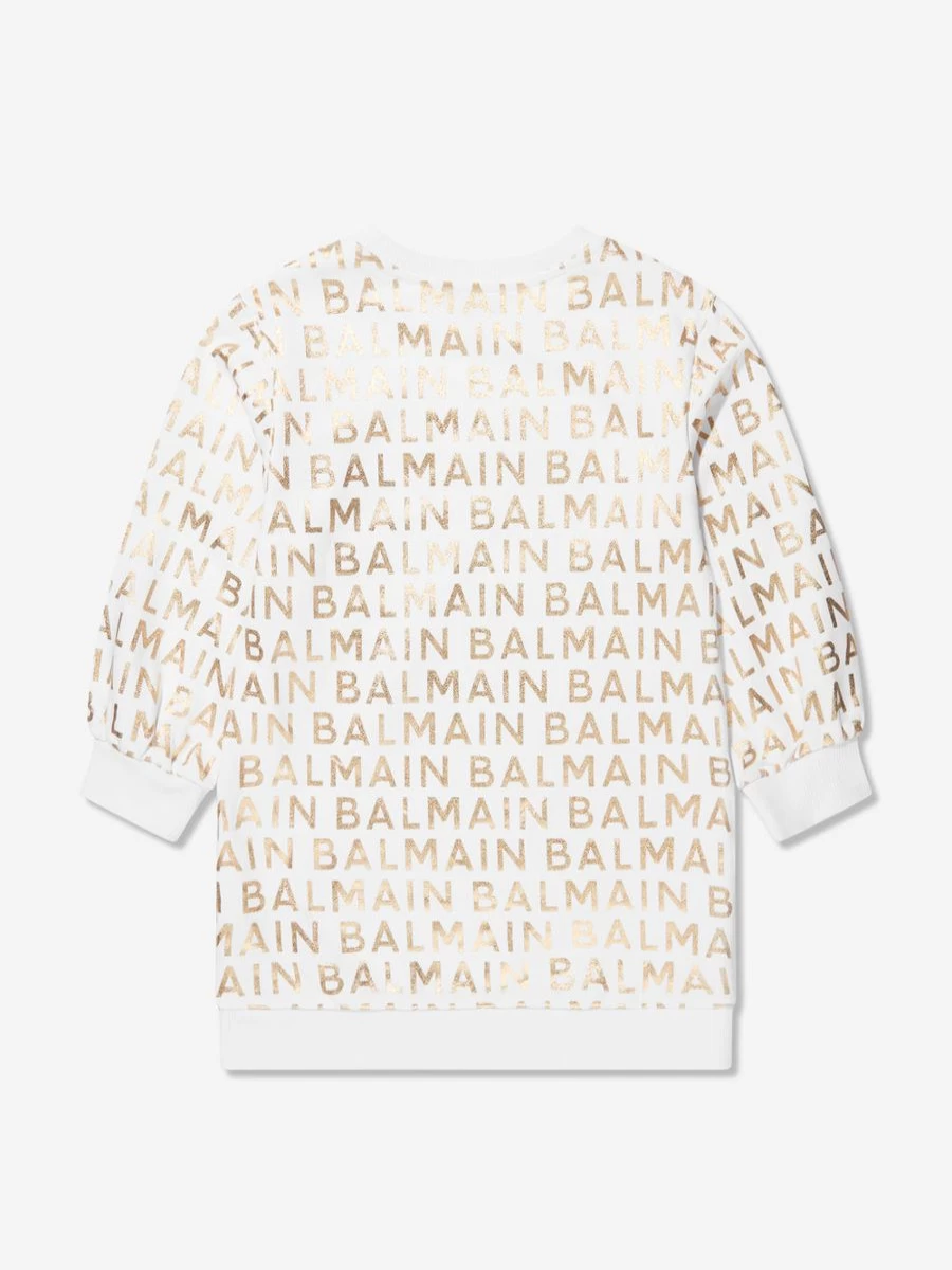 Balmain Girls White Logo Embellished Sweater Dress