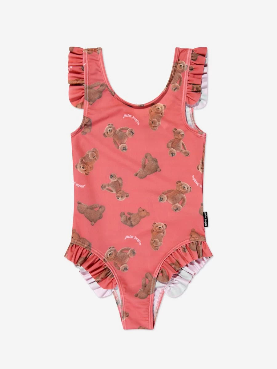 Palm Angels Teen Girls Coral Swimsuit with All-Over Print Bears Design