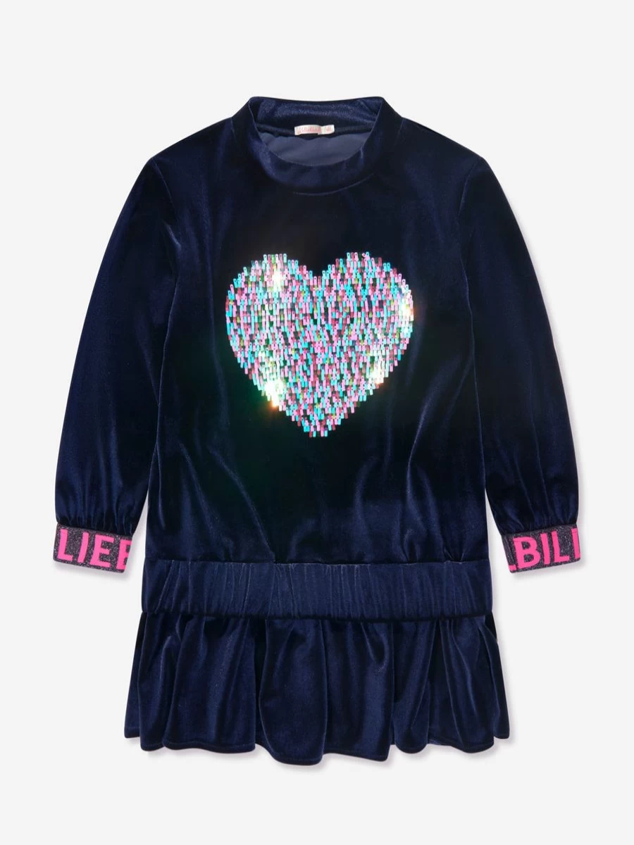 Billieblush Girls Navy Sequin Heart Dress - Sparkly Party Dress for Kids