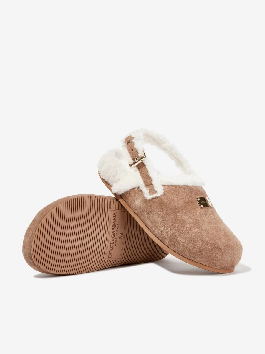 Dolce & Gabbana Kids Girls Brown Shearling Slippers | Luxe Comfort Footwear