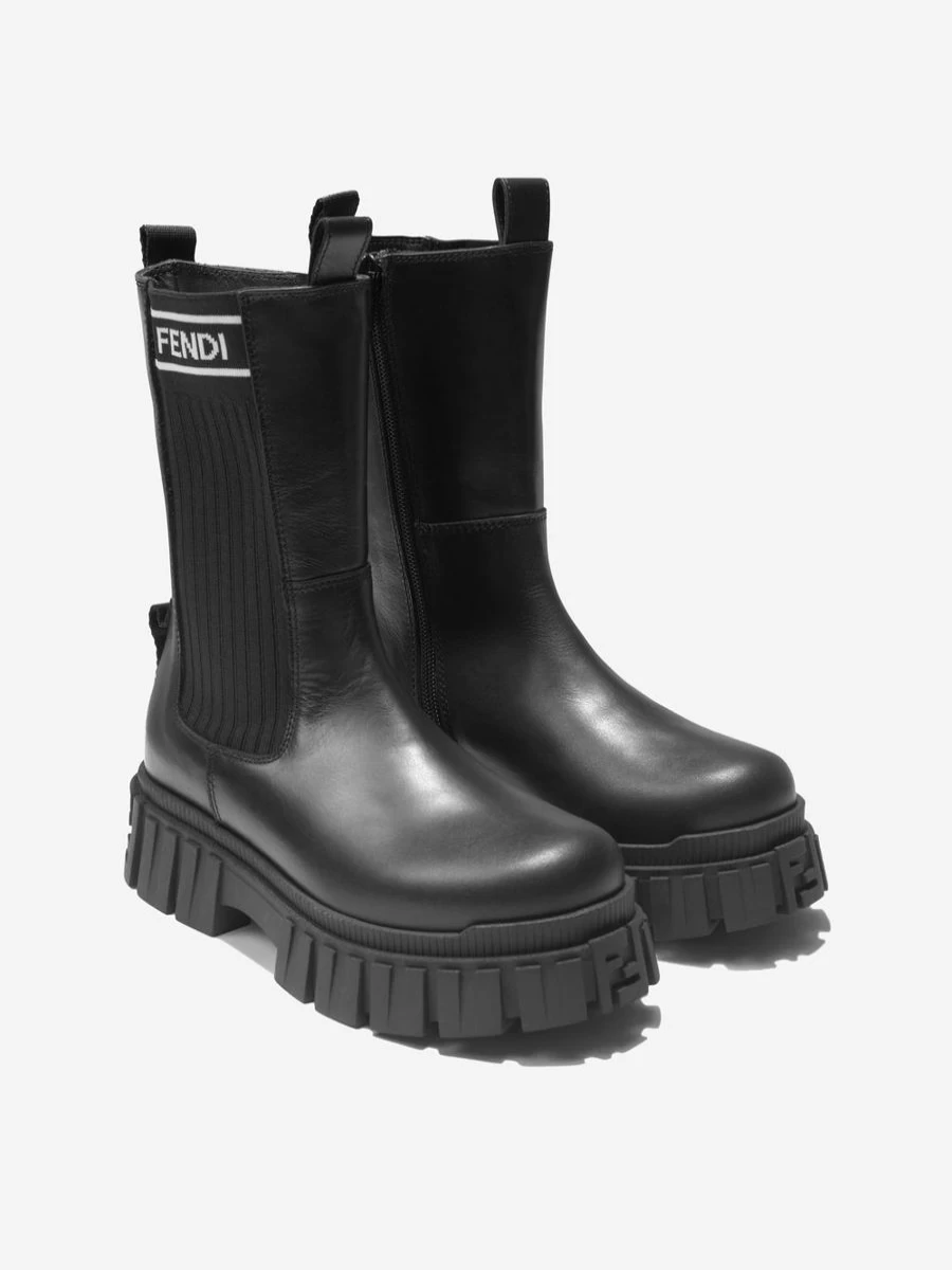 Fendi Kids Girls Leather Biker Boots with Chunky Logo - Stylish & Comfortable Footwear for Girls