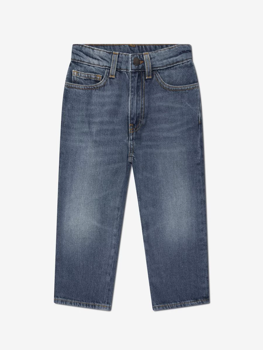 Palm Angels Teen Boys Blue Curved Logo Denim Jeans