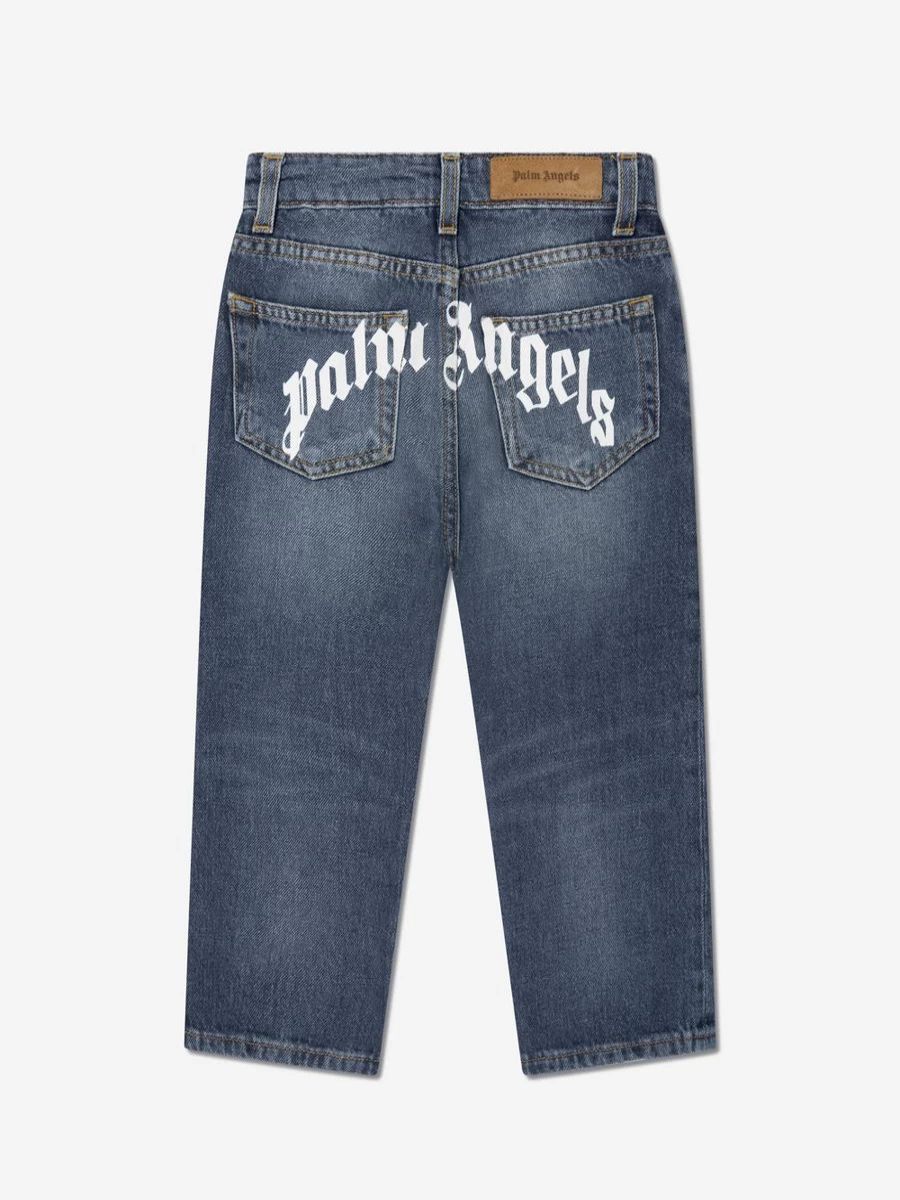 Palm Angels Teen Boys Blue Curved Logo Denim Jeans