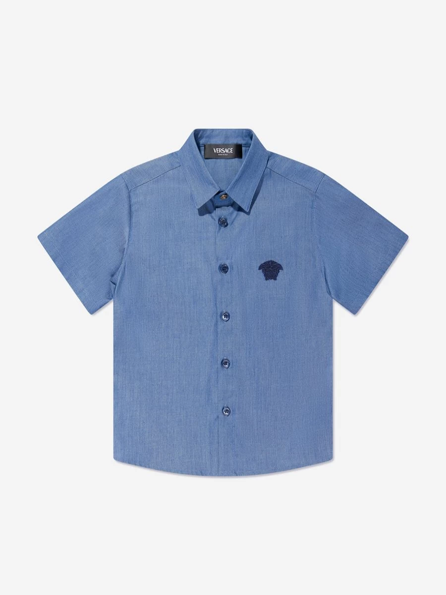 Versace Boys' Blue Chambray Short Sleeve Shirt for Kids