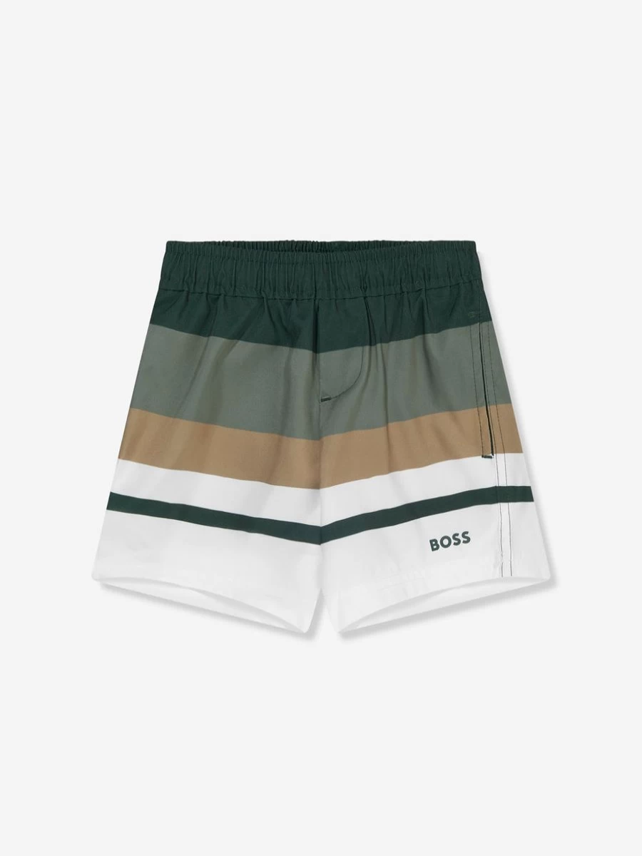 BOSS Teen Boys' Green Striped Swim Shorts for Summer Beachwear