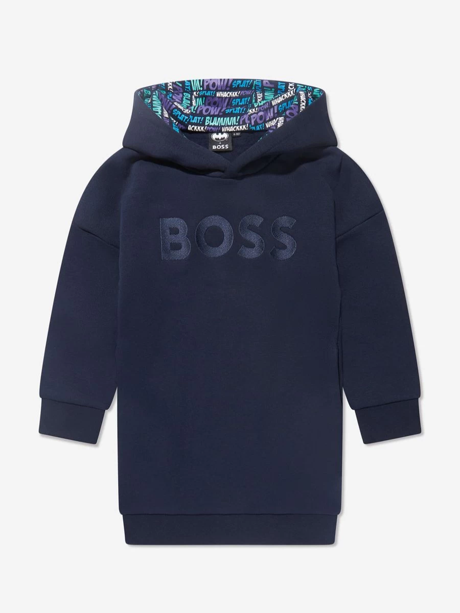 BOSS Girls Navy Hooded Sweater Dress - Casual Winter Pullover Dress for Kids