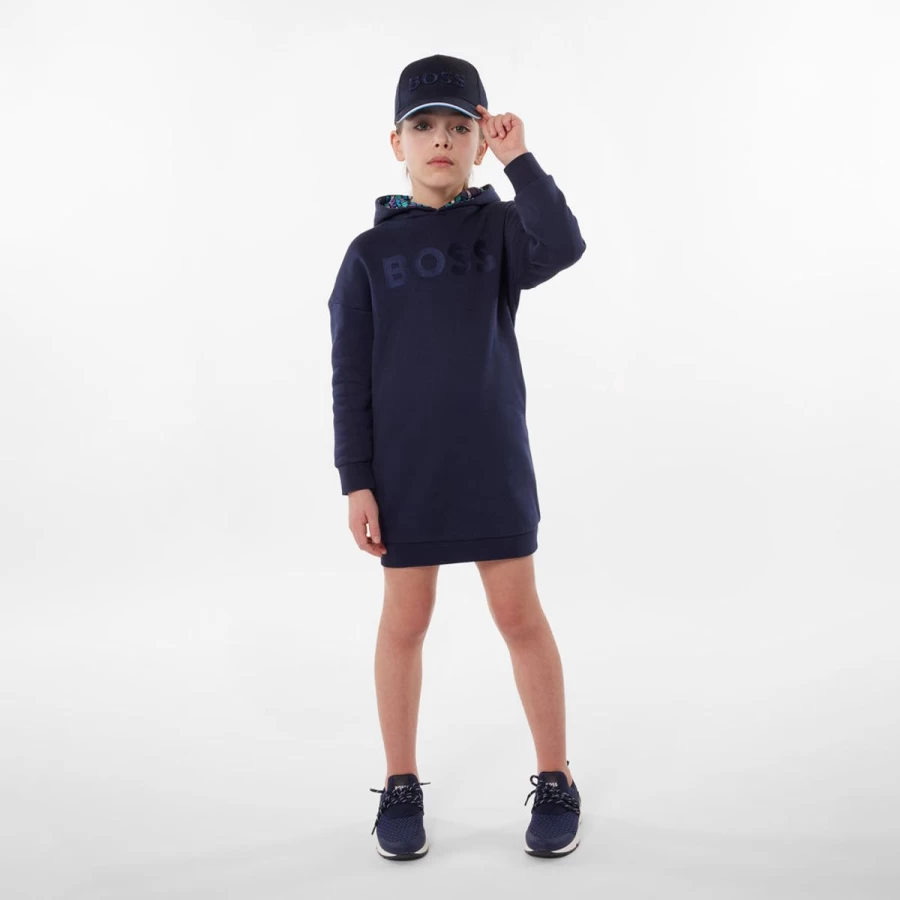 BOSS Girls Navy Hooded Sweater Dress - Casual Winter Pullover Dress for Kids