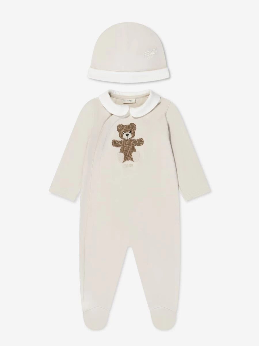 Fendi Kids Baby Girl Bear Print 2-Piece Babygrow Gift Set in Beige | Luxurious Baby Outfit