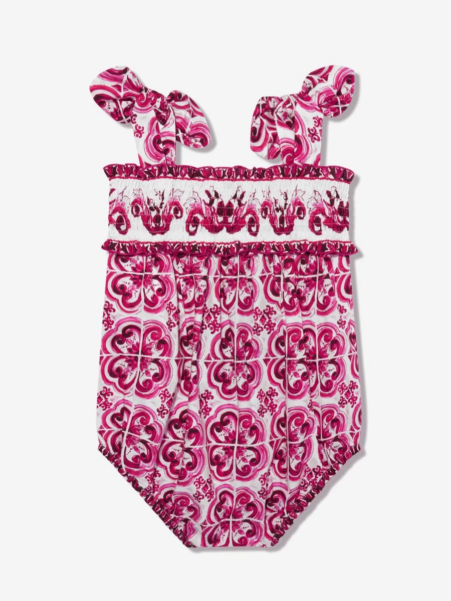 Dolce & Gabbana Kids Girls Pink Majolica Floral Romper One-Piece Outfit